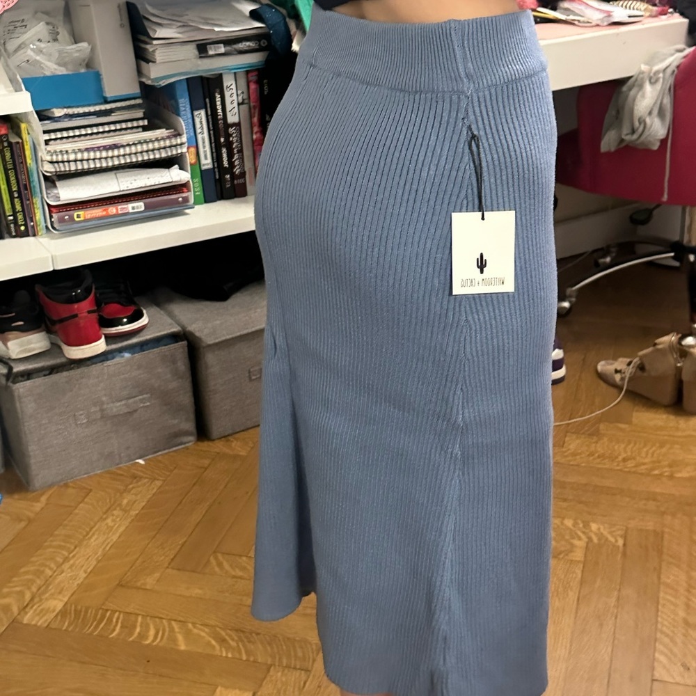White room + cactus blue knit skirt